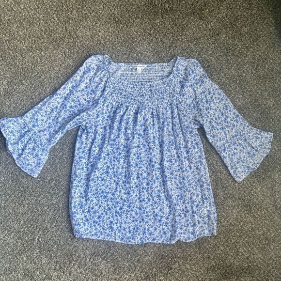 Counterparts Women’s Micro Floral Top, Blue Peasant Cottage core Bell sleeves. L - Picture 1 of 6